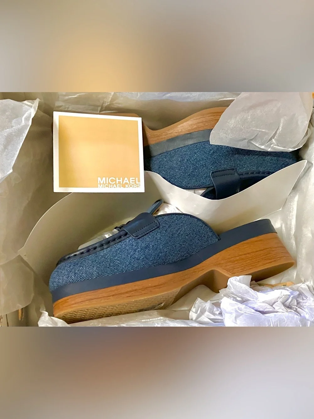 Michael Kors Denim Blue Platform Clog Mules with Wood-Effect Sole: Size 7.5